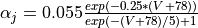 \alpha_j = 0.055\frac{exp(-0.25*(V+78))}{exp(-(V+78)/5)+1}