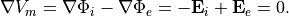 \nabla V_m = \nabla \Phi_i - \nabla \Phi_e = -\mathbf{E}_{i} + \mathbf{E}_{e} = 0.