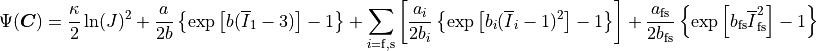 \Psi(\boldsymbol{C}) = \frac{\kappa}{2}\ln(J)^2 + \frac{a}{2b}
\left\{ \exp\left[b(\overline{I}_1-3)\right]-1 \right\}
  + \sum_{i=\mathrm{f,s}} \left[\frac{a_i}{2b_i}\left\{\exp\left[b_i
    (\overline{I}_i-1)^2\right]-1\right\}\right]
  + \frac{a_\mathrm{fs}}{2b_\mathrm{fs}}
    \left\{ \exp\left[b_\mathrm{fs}\overline{I}_\mathrm{fs}^2\right]-1 \right\}