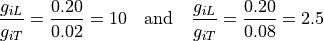\frac{g_{iL}}{g_{iT}} = \frac{0.20}{0.02}=10 \quad \mathrm{and} \quad \frac{g_{iL}}{g_{iT}} =\frac{0.20}{0.08}= 2.5