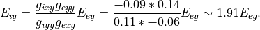 E_{iy} = \frac{g_{ixy}g_{eyy}}{g_{iyy}g_{exy}}E_{ey} = \frac{-0.09*0.14}{0.11*-0.06}E_{ey} \sim 1.91 E_{ey}.
