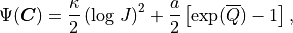 \Psi(\boldsymbol{C})
= \frac{\kappa}{2} \left( \log\,J \right)^2
+ \frac{a}{2}\left[\exp(\overline{Q})-1\right],